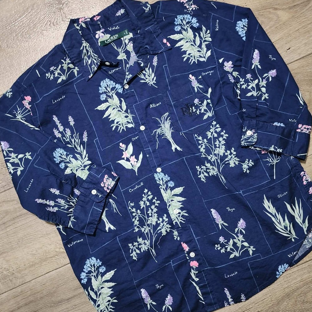 Lauren Ralph Lauren Navy Blue Botanical Garden Flower Print Button Down Shirt L